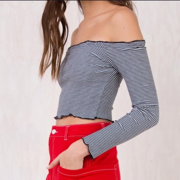 Tops - Black and White Striped Off The Shoulder Crop Top